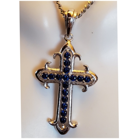 Genuine Blue Sapphires Cross Pendant